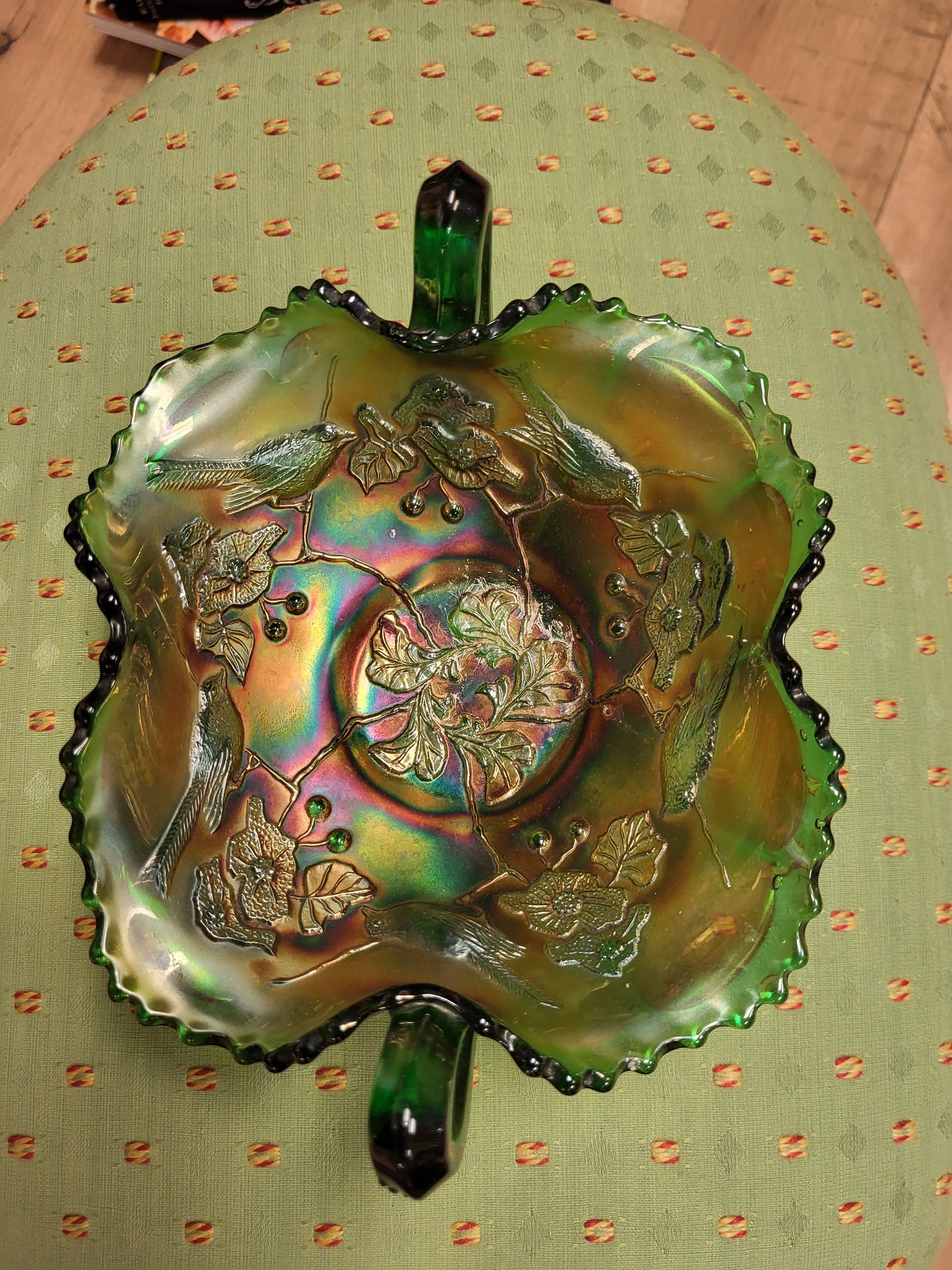 Vintage Fenton Iridescent on emerald glass dish
