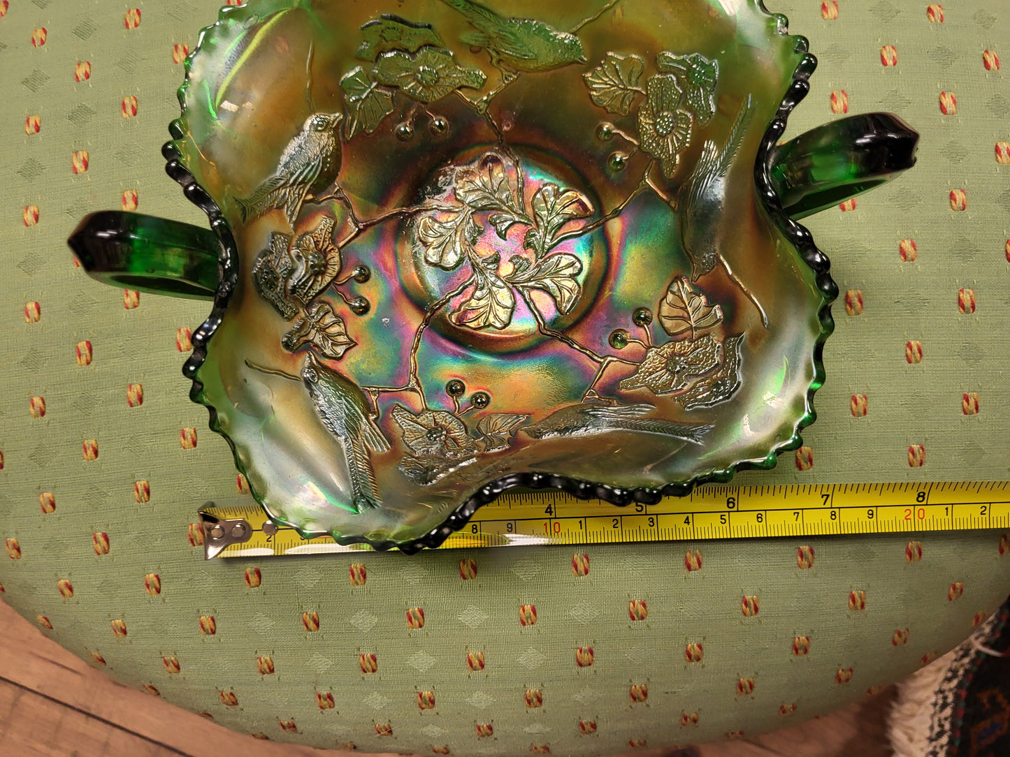 Vintage Fenton Iridescent on emerald glass dish