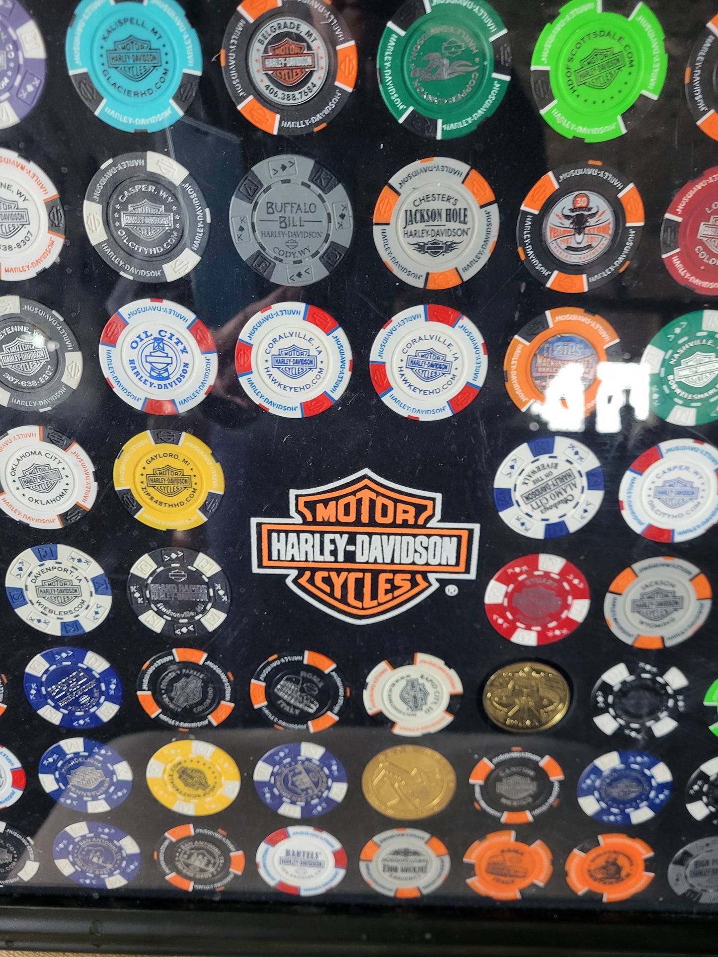 Harley Davidson Rare Find! Poker Chip Collection, 80 pieces, framed.
