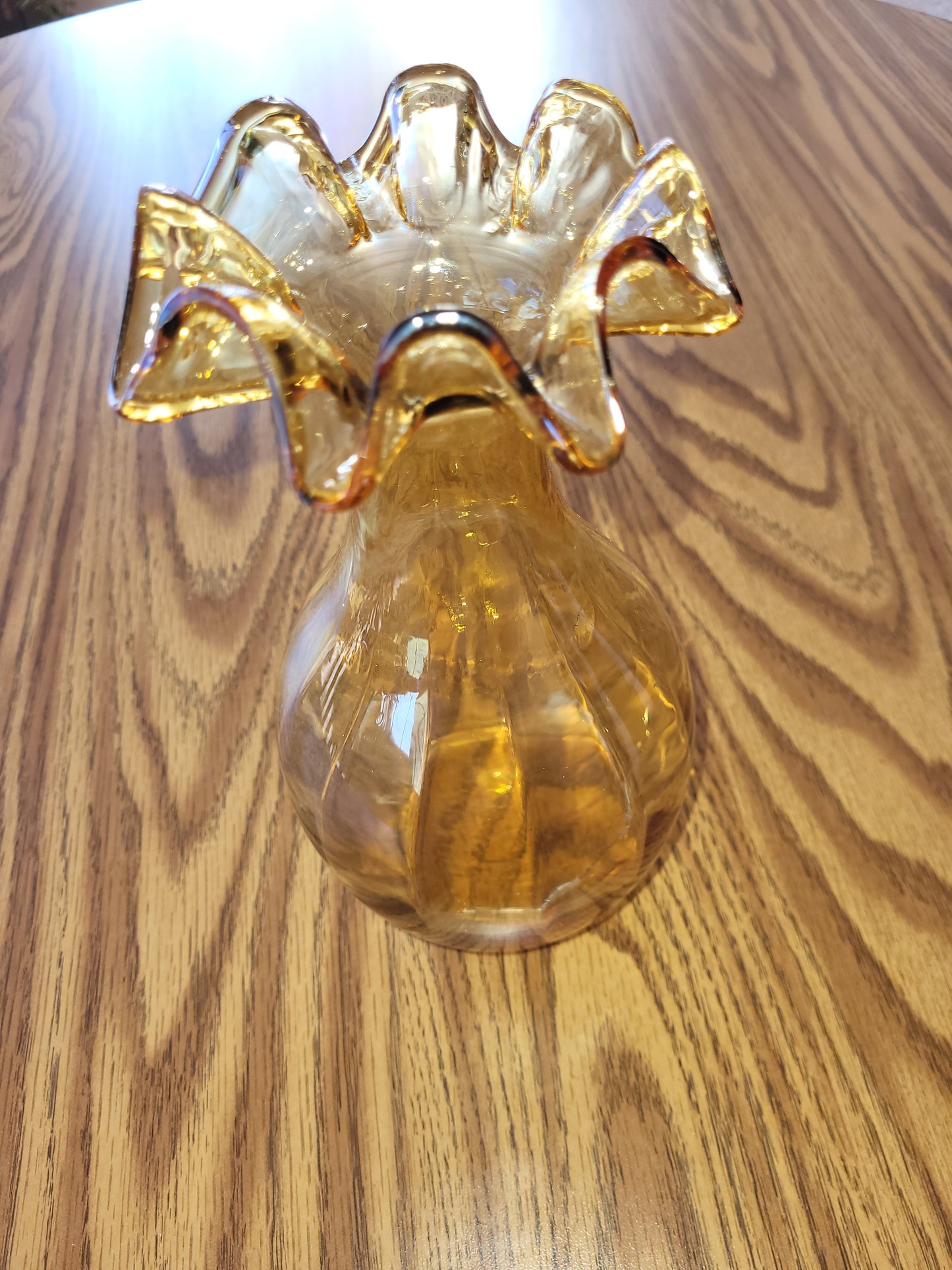Amber Art Glass Ruffle Top Vase.