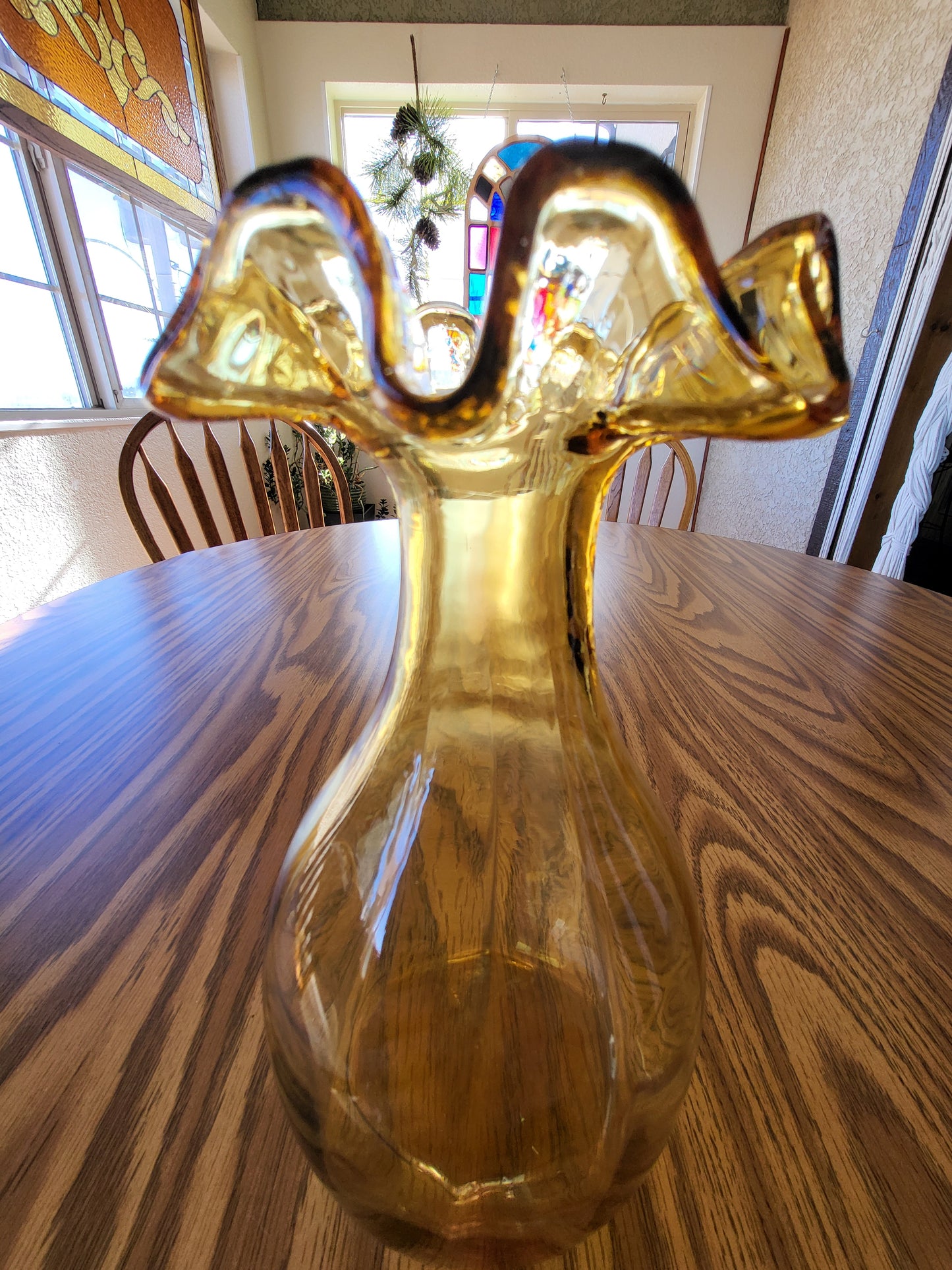 Amber Art Glass Ruffle Top Vase.